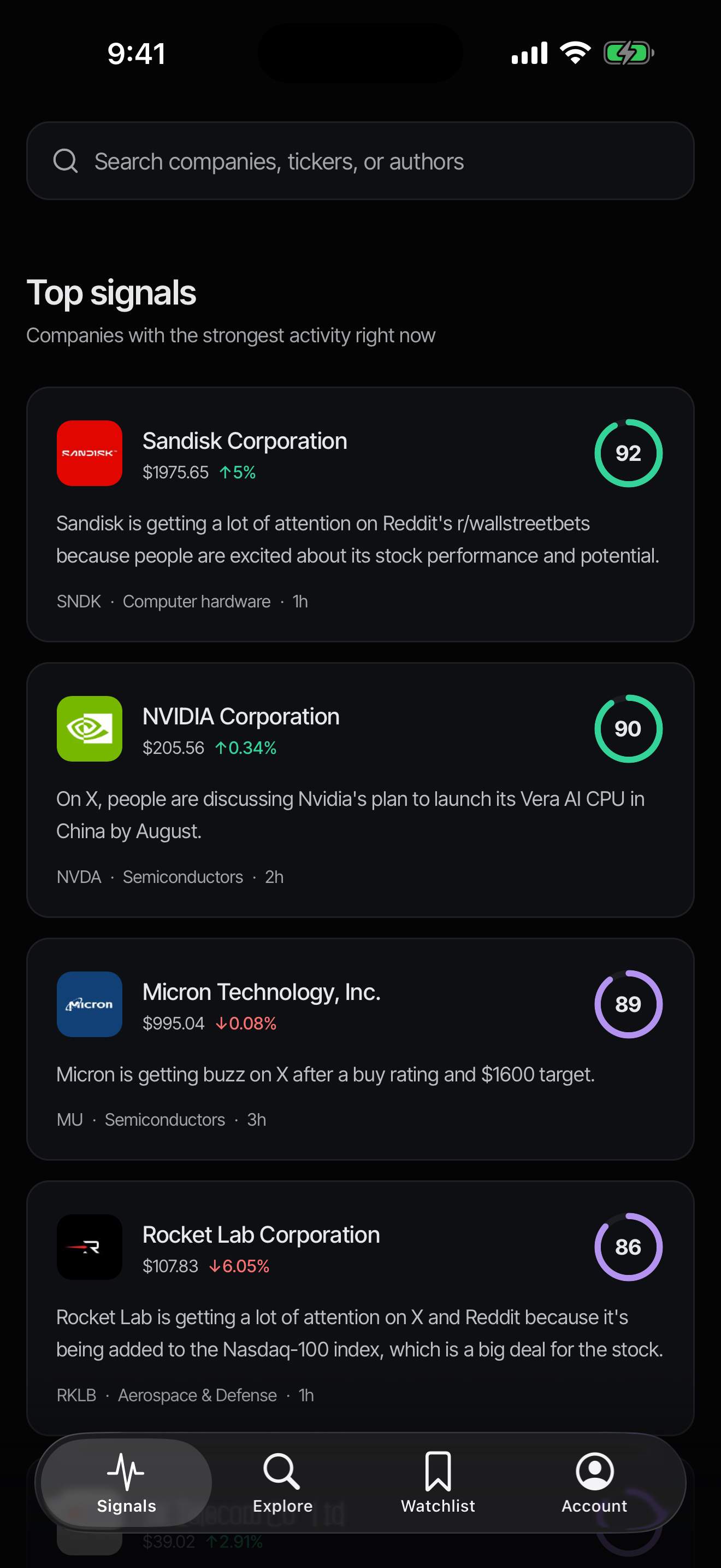Quantral top signals list with scored companies like Sandisk 92, NVIDIA 90, and Micron 89, each with a short explanation.